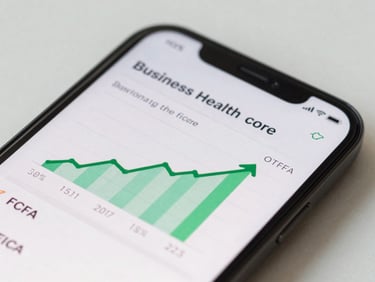 Close-up of a modern smartphone screen displaying a clean business health score chart, green growth indicators, and net profit calculations in FCFA, bright natural lighting.