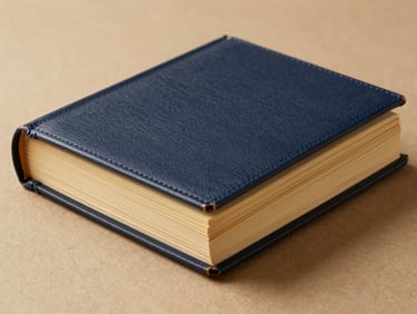 Antique-style photo album with a custom Ducksmith cover, open to reveal thick paper pages, warm side-lighting.