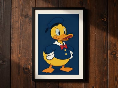 Finished poster with Ducksmith mascot framed on a dark wood wall, warm side-lighting, soft shadows.