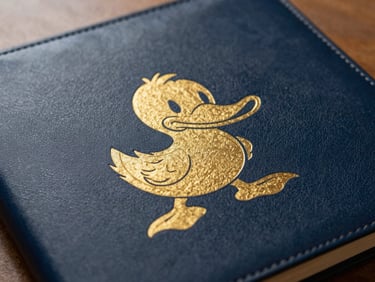 Detail shot of a personalized album cover with the Ducksmith mascot embossed in gold, resting on a leather notebook, catching warm light