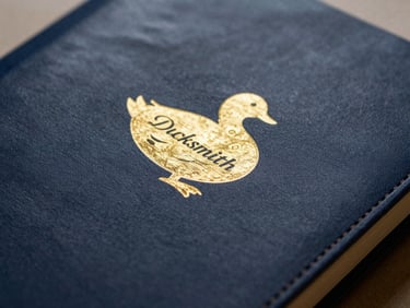 Close-up of a gold-foiled Ducksmith sticker catching warm light on a leather-bound notebook, soft shadows.