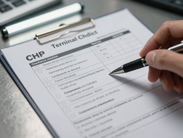 Tight crop of a CHP terminal audit checklist on a metal desk under fluorescent light, a pen pointing to an unchecked compliance item, IFTA permit document partially visible beneath