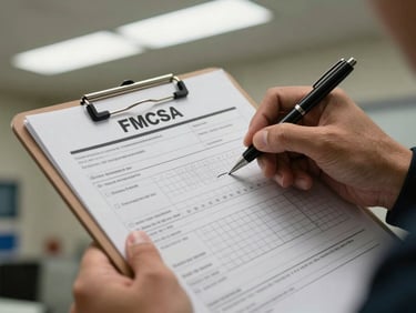 Close-up of hands holding an FMCSA inspection form on a clipboard, fluorescent dispatch-room light overhead, pen mid-signature, regulatory checkbox grid visible in sharp detail