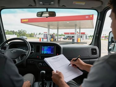 Wide shot of a truck cab interior at a rest stop, driver reviewing a load ticket against a dispatch screen glowing in mid-shift light, paperwork spread across the dash, no faces visible