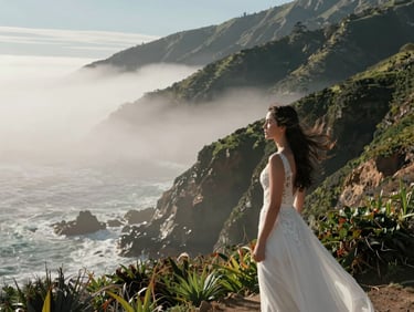Cinematic wide shot of coastal fog rolling over a cliffside in Big Sur, a bride with wind-blown hair looking out, high contrast natural light, deep greens