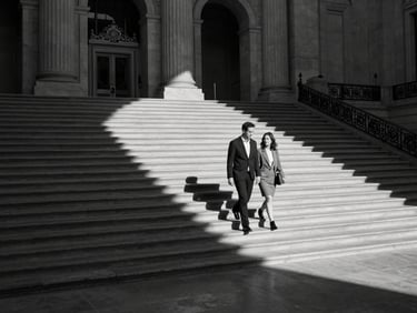 Cinematic wide-angle shot of a couple walking down the grand limestone staircase of SF City Hall, dramatic directional light casting long graphic shadows, monochrome high-contrast.