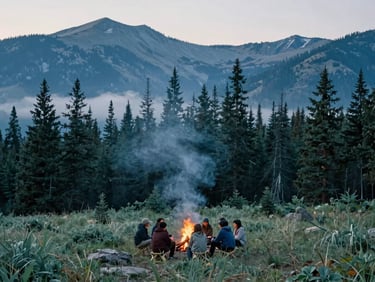 Cool editorial photography of a small group of people sitting around a morning campfire in the Colorado mountains, soft mist rising from the pine trees, deep blue and sage green tones, 35mm.