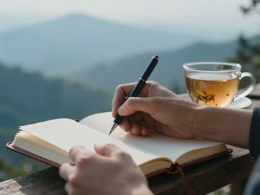 Close-up of hands writing in a leather journal next to a warm cup of herbal tea, soft morning light, 35mm.