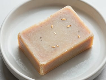 Single bar of artisan soap resting on a ceramic dish, close-up overhead angle, soft studio light, natural oat and clay flecks visible in the surface, cream and blush tones
