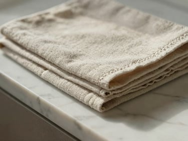 Close-up detail of a folded linen hand towel on a marble ledge, natural side-light catching the weave texture, pale warm tones, no props