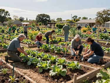 Wide shot of an outdoor community garden plot, local residents of different ages kneeling and standing among raised vegetable beds, mid-morning sunlight casting soft shadows, soil tools resting against a wooden fence