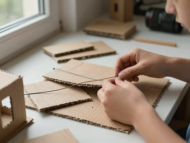 Close-up of young hands manipulating recycled materials at a craft table, scraps of cardboard and wire, natural light from a window to the left, a finished small structure visible in the corner of the frame