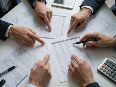 Overhead process shot of a small group around a table covered in financial planning worksheets, hands pointing at printed budget columns, ballpoint pens and calculators visible, available fluorescent light from above