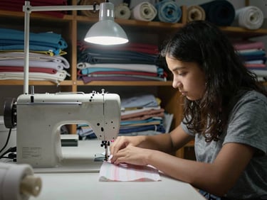 Environmental shot of a small workshop space, a local youth working at a sewing machine under a single overhead light, bolts of fabric stacked on shelves behind, hands guiding cloth through the machine