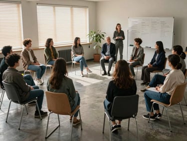 Wide shot of a community gathering space set up for a mental health group session, mismatched chairs in a circle, a local facilitator standing beside a whiteboard with handwritten notes, afternoon light through slatted windows