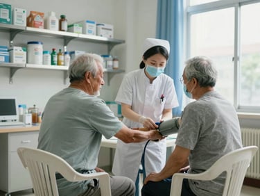 Wide shot of a community health clinic interior, a local nurse taking blood pressure of an elderly patient seated in a plastic chair, natural light from a window to the right, medical supplies on a metal shelf in the background