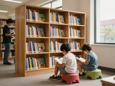 Wide environmental shot of a community library corner, wooden shelves lined with children's books, two children seated on low stools reading independently, window light from the right side, a local volunteer organizing books in the background