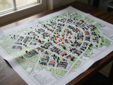 Overhead shot of a printed neighborhood map spread on a table, streets and zoning boundaries visible, natural window light from the side, no people