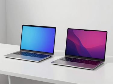 Two modern laptops, one open and one closed, on a clean desk, one slightly newer model, subtle blue and magenta lighting, eye-level shot