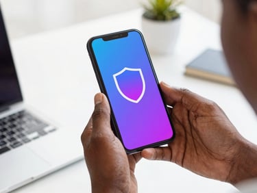 Smartphone screen with a digital shield icon, hands holding the phone, bright ambient light, subtle magenta highlight
