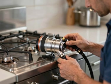 Un técnico calibra la válvula de gas de un horno empotrable de acero inoxidable en una cocina de diseño.
