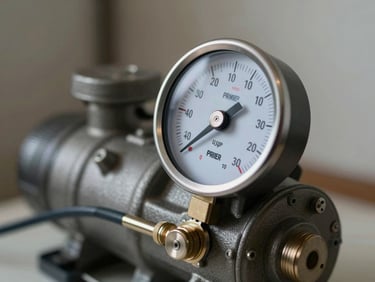 Primer plano de un manómetro digital midiendo la presión de gas refrigerante en un compresor de nevera premium.
