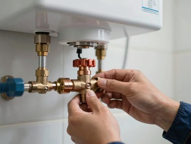 Close-up of a technician's hand adjusting a copper water pressure valve on a modern home water heater, clean utility space, crisp focus.