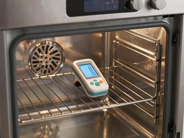 Interior of a modern electric oven with a digital diagnostic thermometer placed on the rack, clean stainless steel surfaces, soft warm light.