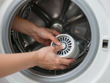 Close-up of hands cleaning a washing machine debris filter, water droplets, clean technical environment, bright natural daylight.