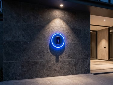Wide architectural shot of a modern residential entrance wall at night, a recessed access control panel with neon-blue LED ring mounted flush into dark stone cladding, precise studio strobe from above casting sharp shadows, empty foyer in background