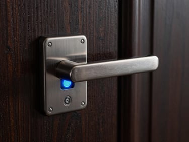 Extreme close-up of a biometric digital lock handle on a dark hardwood door, neon-blue fingerprint sensor glowing, studio strobe raking across the brushed-metal surface at a dramatic side angle, minimal architectural background in near-black