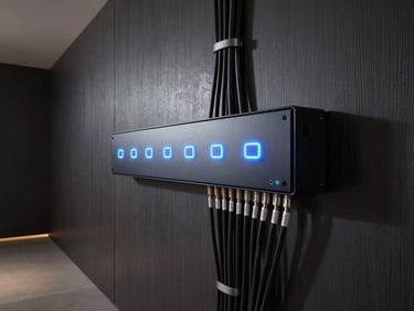 Wide environmental shot of a sleek dark utility corridor behind a smart home installation, bundles of labeled cables terminating into a wall-mounted control hub with neon-blue LED status indicators, precise studio strobe illuminating the panel face, no people, architectural framing from a slightly elevated angle