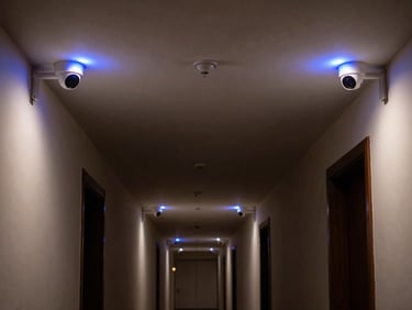 Panoramic wide shot of a high-ceiling residential corridor at night, two ceiling-mounted security cameras visible in the upper corners casting neon-blue indicator LEDs, deep shadow filling the hallway, architectural strobe catching the camera housings with precision