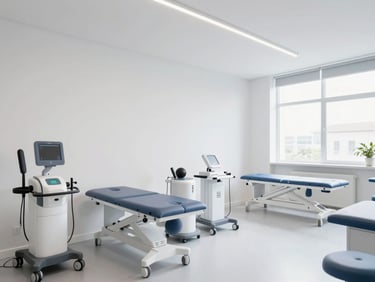 Bright, modern physiotherapy clinic interior. Clean white walls, clinical slate blue accents, professional diagnostic equipment, and a dedicated rehabilitation area with natural light.