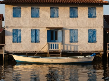 Telephoto compression shot of a fisherman's guesthouse facade along a narrow delta canal at golden hour — faded blue shutters, a moored bragozzo in the foreground, amber light on the water surface, no people, quiet and still