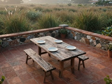 Overhead telephoto shot of a delta farmhouse courtyard at dawn — terracotta tiles, a weathered wooden table set with plain ceramic plates, salt-marsh grasses visible beyond a low wall, diffuse early-morning light with no harsh shadows, no people