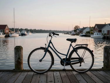 Wide environmental shot of a bicycle leaned against a weathered wooden mooring post at a village quay at dusk, flat delta water behind it, boats in soft focus in the distance, no people