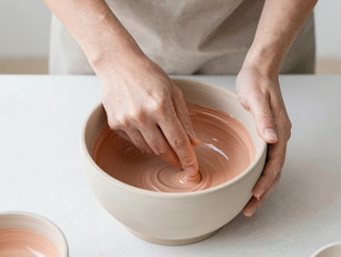 Hands mixing a soft terracotta glaze in a ceramic pot, top-down view, bright natural light, 35mm
