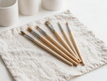 A neat arrangement of fine paintbrushes of various sizes resting on a light linen cloth, bright airy studio setting, 35mm