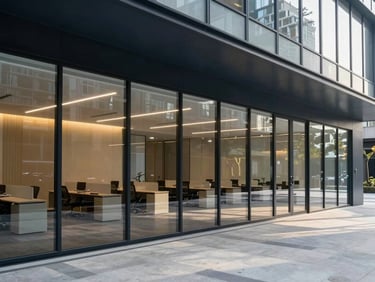 Modern architectural office space with glass partitions, soft daylight casting geometric shadows on polished concrete, minimalist corporate aesthetic