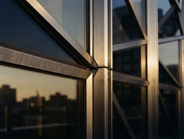Extreme close-up of a premium brushed steel and glass architectural structure, sharp editorial focus, soft golden hour light reflecting off geometric angles, 35mm