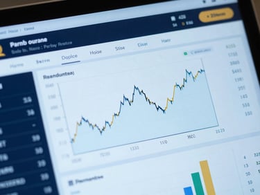 Extreme close-up of a high-fidelity financial dashboard mockup displaying clean line graphs and analytics, soft blue ambient light, sharp focus