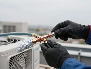 Close detail shot of a technician's gloved hands connecting refrigerant lines on a rooftop HVAC unit, copper fittings and insulation visible, bright overcast daylight, shallow depth of field on the connection point