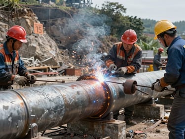 Steel water intake pipe section being welded on-site, sparks visible, workers in hard hats framed against a rocky hillside, midday construction lighting