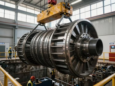 Close-up of a hydroelectric turbine runner being lowered into a powerhouse pit by crane, industrial rigging visible, daylight through powerhouse skylights, scale emphasized by workers below