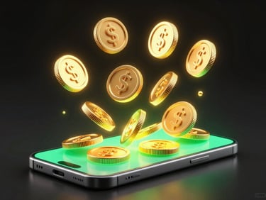 Sleek digital 3D render of glowing neon gold coins bursting from a high-tech smartphone screen, dark background, vibrant backlighting