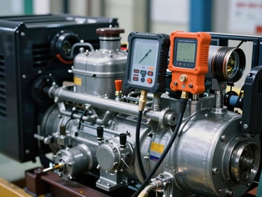 Close-up of a heavy-duty industrial diesel generator, technical diagnostic tools attached, high-contrast industrial lighting with metallic tones