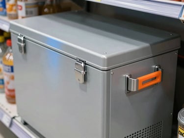 Commercial supermarket plug-in cooling chest, crisp details, cool metallic tones with subtle blue reflections, sharp focus