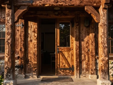 Exterior shot of a rustic timber-framed entryway, thick cedar posts, heavy iron hardware, warm late afternoon sun.