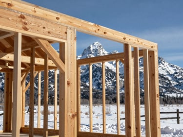 A rugged timber frame cabin structure under construction, heavy beams bolted together, framed against the snow-dusted Teton range under winter sun.
